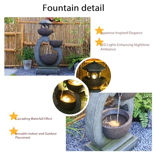 Outdoor Garden Water Fountain Modern Tranquil Zen Pagoda Waterfalls Fountains Bowl with LED Lights & Pump for Patio Yard Porch Pool Decor