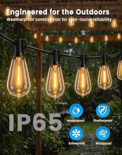 110FT(100+10) Outdoor String Lights, 2FT Spacing 50 LED Edison Bulbs, Waterproof, Shatterproof, Dimmable, Warm White, 3 Modes, Timer, Plug in Hanging Backyard Lights for Outside, Patio (100+10FT(50 Sockets))