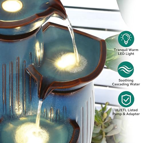 30" Ceramic Outdoor Water Fountain with LED Lights