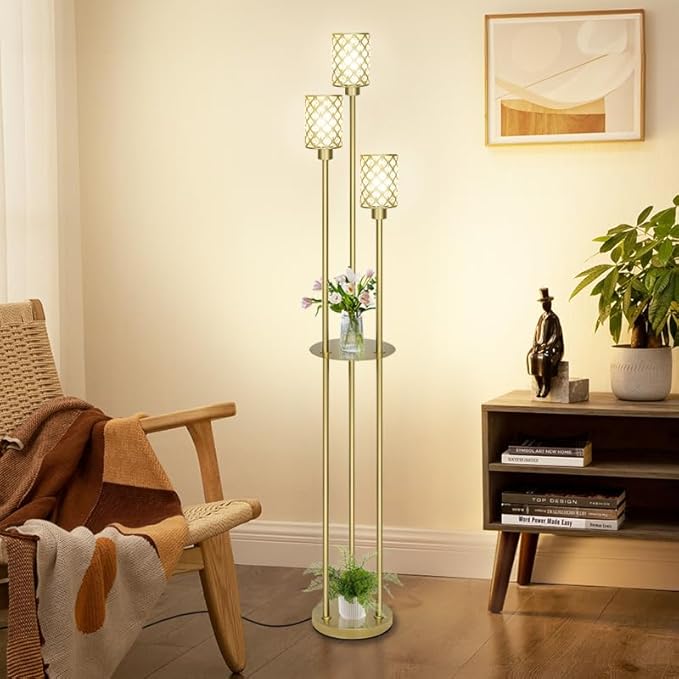 Gold Floor Lamps for Living Room, Standing Floor Lamp with shelves, Tall Lamp with Table, Modern Mid Century Floor Lamp with E26 Base, Coner Crystal Floor Light for Bedroom (Without Bulb) (Gold)
