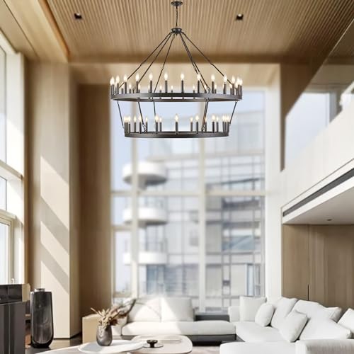 Rustic Farmhouse Wagon Wheel Chandelier Oil Rubbed Bronze Large Chandeliers for High Ceilings 2 Tier 48 Lights 55 Inch for Dining Room Living Room Foyer Porch Kitchen Island