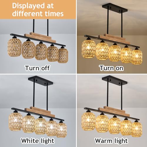 Dining Room Light Fixture 5 Light Large Rattan Kitchen Island Lighting with Boho Wicker Shade Chandelier Farmhouse Hanging Pendant Light for Living Room Bar Restaurant Bedroom