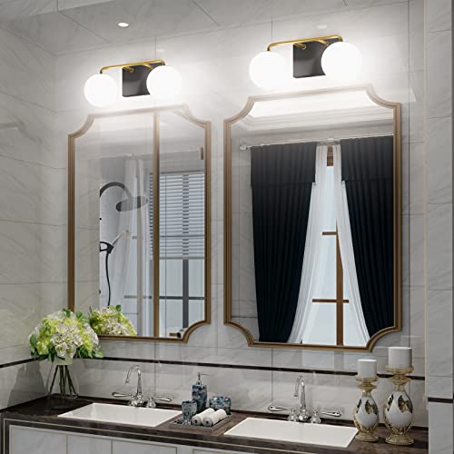 2 Lights Mid Century Vintage Bathroom Vanity Light Fixtures Over Mirror Black Gold Industrial Vanity Lights with Milk White Glass Globe Farmhouse Bath Lighting