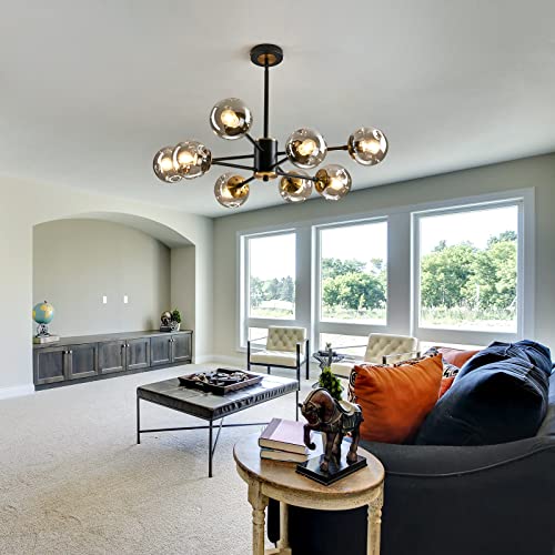 8 Light Glass Globe Sputnik Chandelier Matte Black and Gold Mid Century Modern Ceiling Light Fixture Adjustable Vintage Hanging Pendant Lighting for Dining Room Kitchen Bedroom Farmhouse