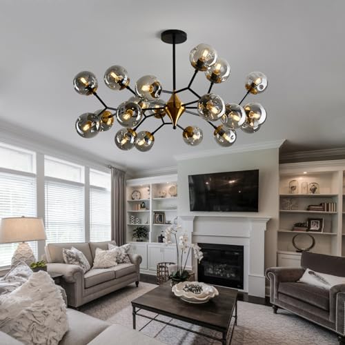 20 Light Extra Large Sputnik Chandelier Mid Century Modern Black and Gold Ceiling Light Fixture with Glass Globe Pendant Light Hanging for Dining Room Kitchen Living Room Foyer