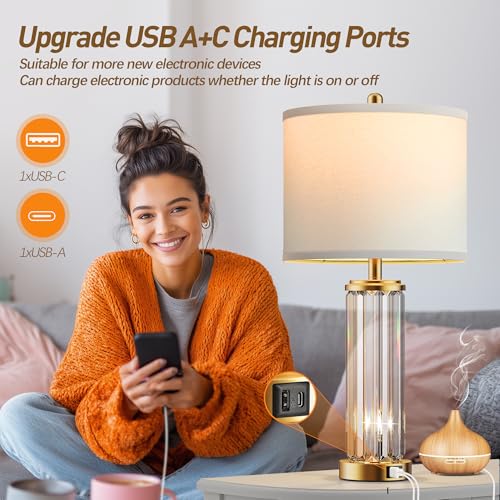 Gold Table Lamps for Bedroom Set of 2 with Nightlight