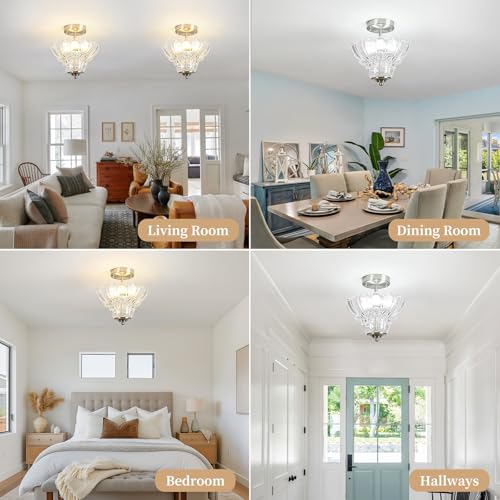Brushed Nickel Semi Flush Mount Light with Floral Class Shade (Nickel)