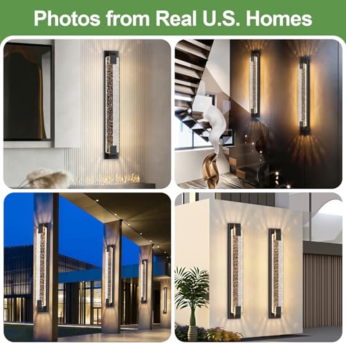 31.5in Modern LED Outdoor Wall Sconces Crystal Bubble Glass Black Exterior Lights