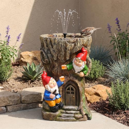 Gnome Outdoor Water Fountain with Solar Pump Tree Stump Waterfall