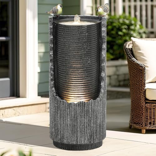 AUTODAYA 32" Bird Outdoor Fountain Distressed Fluted Column with Lights