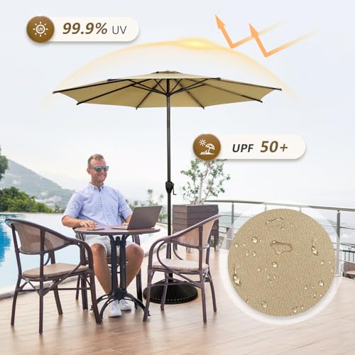 9FT Lyon Outdoor Patio Umbrella Outdoor Table Umbrella with Push Button Tilt and Crank Market Umbrella 8 Sturdy Ribs UV Protection Waterproof for Garden Deck Backyard Pool Tan