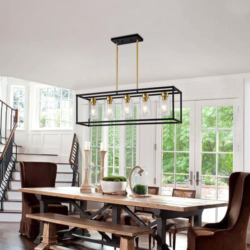 5 Light Dining Room Light Fixture Modern Farmhouse Chandeliers Over Table Black & Brushed Brass Gold Rectangular Pendent Lighting for Kitchen with Glass Shade Hanging Industrial Ceiling Light