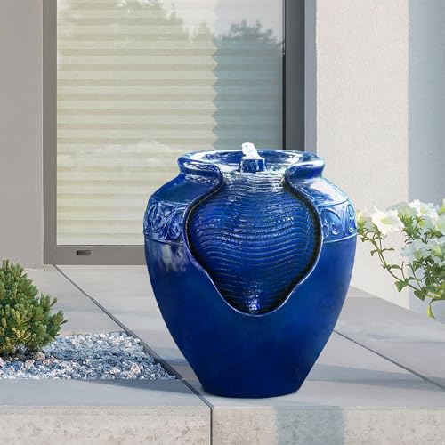 16.96 in. Outdoor Glazed Pot Water Fountain with LED Lights
