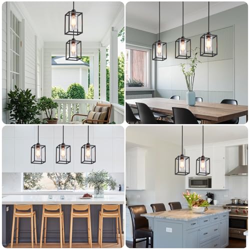 3 Pack Stem Rod Black Pendant Lights for Kitchen Island Industrial Lantern Pendant Light Fixtures with Clear Glass Shade (3 Count)