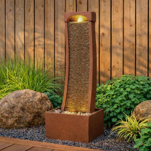 38.5" Indoor Outdoor Modern Curved Faux Slate Waterfall Fountain with LED Lights