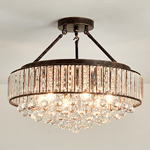 6 Light Modern Crystal Oil Rubbed Bronze Metal Semi Flush Mount Ceiling Light Fixture E26 Indoor Round Ceiling Lamp for Dining