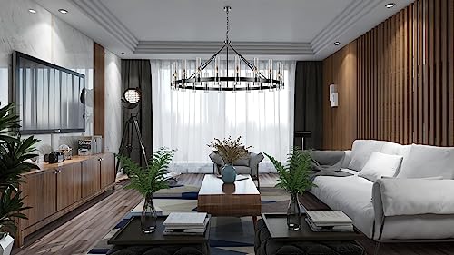 20 Lights Black Wagon Wheel Chandelier Modern Farmhouse with Glass Shade