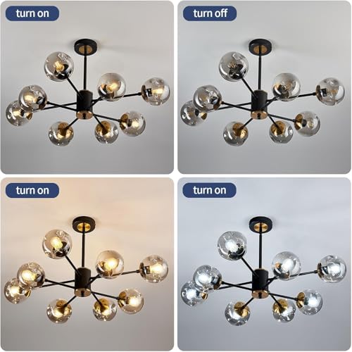 8 Light Sputnik Chandelier with Glass Globe Black and Gold Dinning Light Fixture Modern Mid Century Ceiling Light for Lliving Room Master Bedroom Kitchen