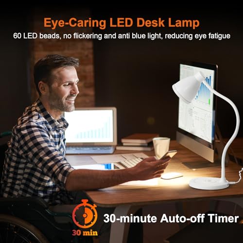 LED Desk Lamp for Home Office with USB C Charging Wireless Charger (White / Standard)