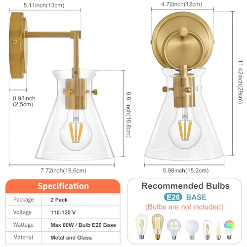 Gold Wall Sconces Set of 2 Vanity Light Fixture for Bathroom