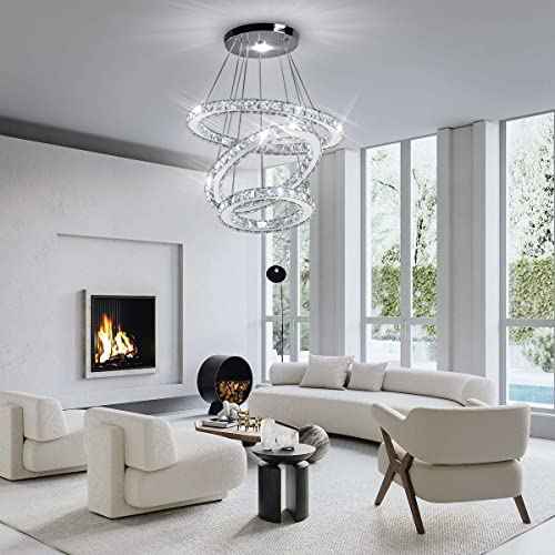 CLAIRDAI 3-Ring Adjustable Crystal Chandelier, Cool White LED | Modern stainless steel LED pendant light fixture for dining room, bedroom, living room, hallway