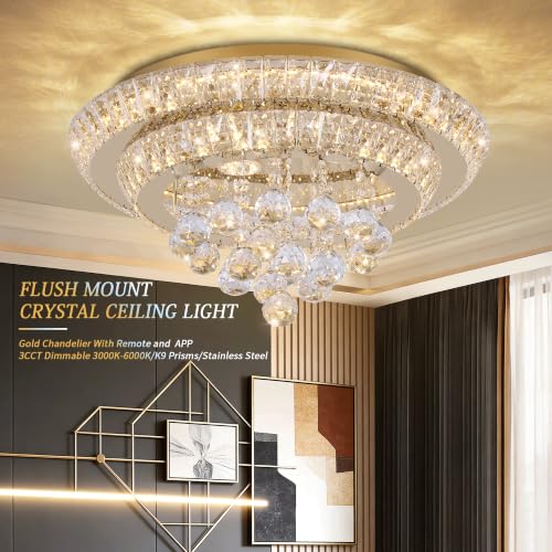 18" Gold Crystal Flush Mount Chandelier Modern LED Ceiling Light Fixture