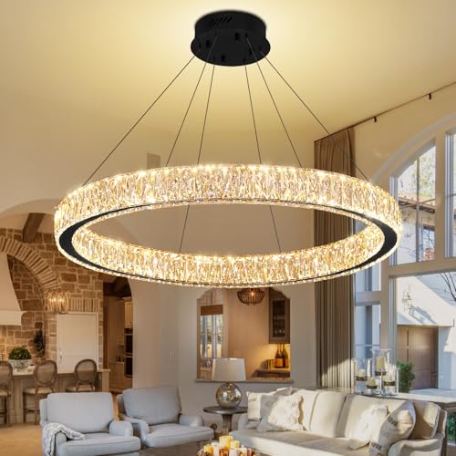39.4in Large Ring Chandelier for Living Room Modern LED Black Crystal Chandelier for Dining Room Dimmable 2700K