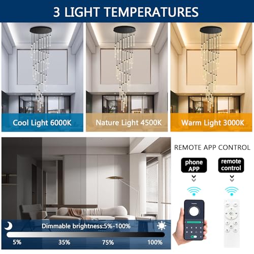 40 Lights High Ceiling Chandelier Modern LED Crystal Chandelier for Foyer Dimmable Spiral Crystal Chandeliers for Entryway Staircase Hallway Living Room Hanging Light Fixture