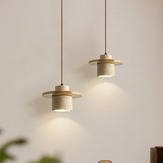 Wabi Sabi Black Natural Stone Pendant Light Travertine Lampshade Nordic Style Solid WoodNatural Yellow Travertine Hanging Lamp Dining Room Kitchens Island Hanging Lights