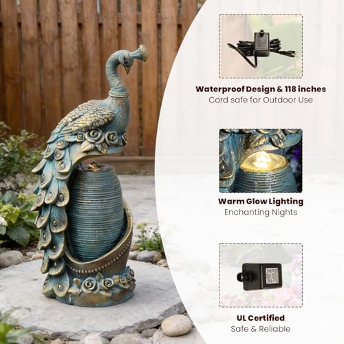Peacock Outdoor Water Fountain 32" H Cascading Waterfall Fountain with LED Lights & Pump Tiered Water Feature for Garden