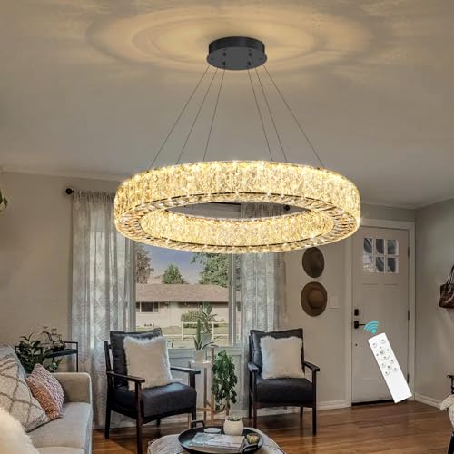 Modern Round Crystal Chandelier Dimmable LED Hanging Light Fixture with Remote for Living Room Dining Room Bedroom Black