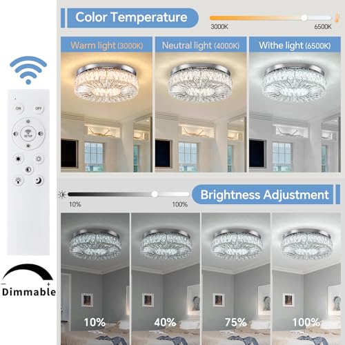 16.5 Inch Dimmable Chandelier with Remote Control LED Crystal Chandelier Modern Flush Mount Ceiling Light Fixtures for Living Room Bedroom Dining Room Entrance