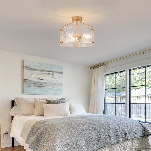 Semi Flush Mount Ceiling Light Fixture Glass Drum Chandelier Entryway Light Fixture 16''Gold Flush Mount Ceiling Lights 3 (3 Count)