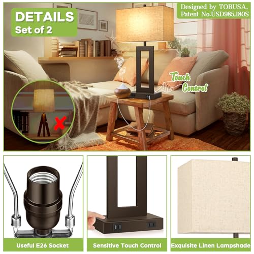28" Brown Modern Table Lamp Set of 2 with 2 USB Ports&AC Outlet (2 Count)