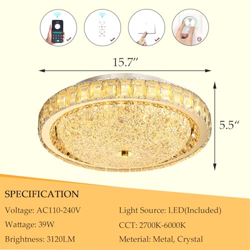 15.7" Modern Crystal Chandelier Dimmable LED Flush Mount Ceiling Light with Remote Control for Living Room Dining Room Bedroom Hallway Foyer Gold