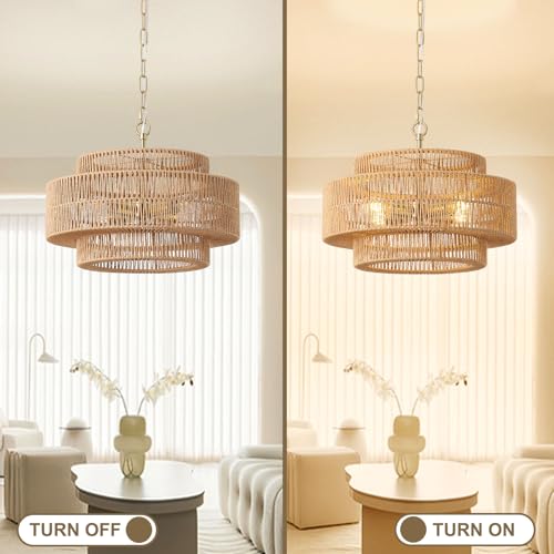 17.7"Large Boho Rattan Farmhouse Chandeliers for Dining Room