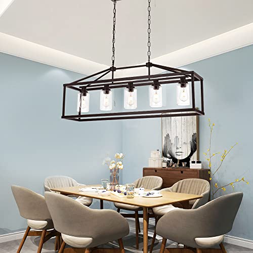 Industrial Rustic Farmhouse Chandelier 5 Light Modern Rectangle Dining Room Light Fixture Hanging Oil Rubbed Bronze Kitchen Island Cage Pendant Lighting with Clear Glass Shade for Hallway Bar