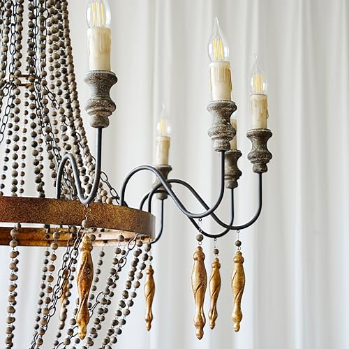 12 Light French Country Wood Beaded Chandelier