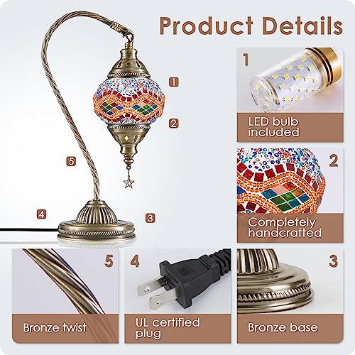 Turkish Moroccan Lamp with Bronze Base 3 Color Options Handmade Swan Neck Mosaic Glass Bedside Lamps for Bedroom