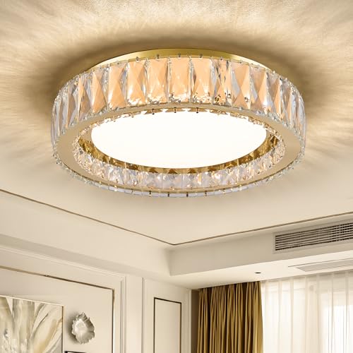 15 Inch Gold Modern Crystal Flush Mount Chandelier