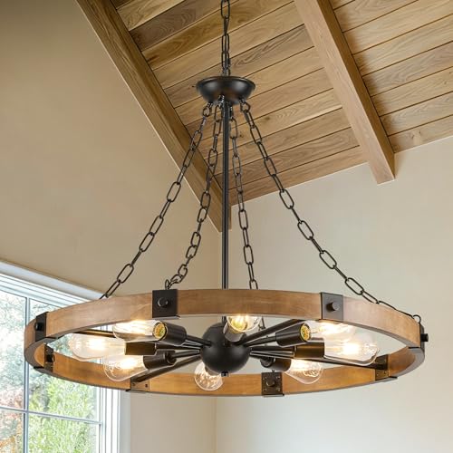 Farmhouse Wagon Wheel Chandelier 31.5" Oak Rustic Chandeliers 8