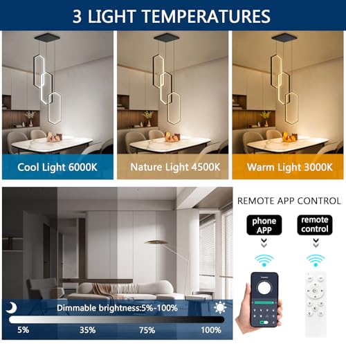 3 Rings Dimmable Pendant Lighting Adjust LED Mini Chandelier Ceiling Light Fixtures for Kitchen Island Dining Room Living Room Bedroom Black