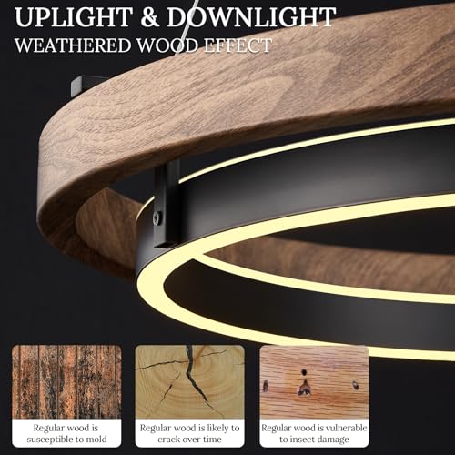 LED 2 Ring Chandelier Dimmable Up Down Light Black Walnut Wood