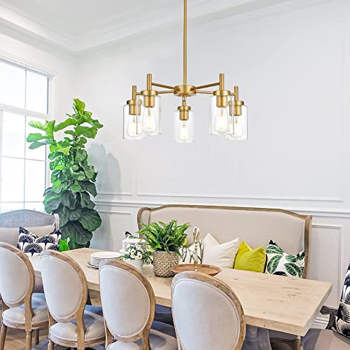 Retro Large Chandelier with Clear Glass Shade Metal Indoor Kitchen Island Pendant Lighting in Gold Finish Modern Light Fixture Hanging for Dining Room