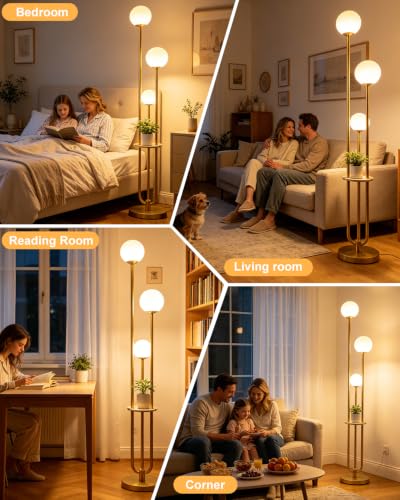 63IN Dimmable Gold Floor Lamp with Shelf Mid Century Standing Lamps with 3000K Bulbs Included Modern Globe Floor Lamp for Living Room (3 Count)