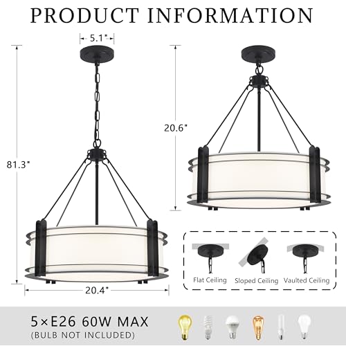 20.4'' Black Drum Chandelier with White Linen Fabric Shade (5 Count)