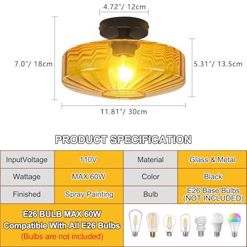Amber Glass Ceiling Light Mid Century Retro Semi Flush Mount Ceiling Light