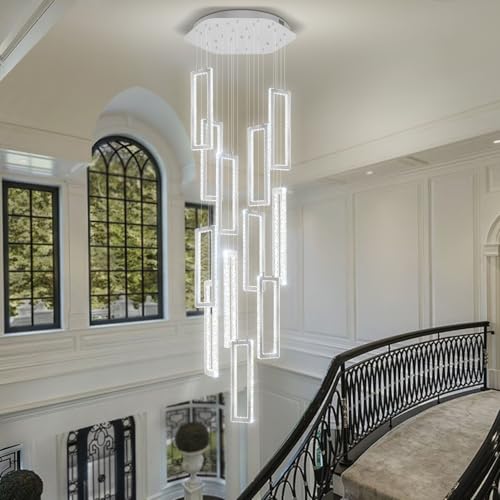 H158 Crystal Rectangle Chandelier 12 Ring Chandeliers for High Ceiling Gold Large Pendant Lighting High Ceiling Light for Living Room Staircase Foyer