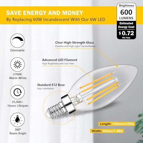 48 Pack Dimmable E12 LED Candelabra Bulbs 60W Equivalent (12 Count)
