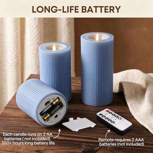 Dusty Blue Ribbed Moving Flame LED Pillar Candles with Remote (Dusty Blue)